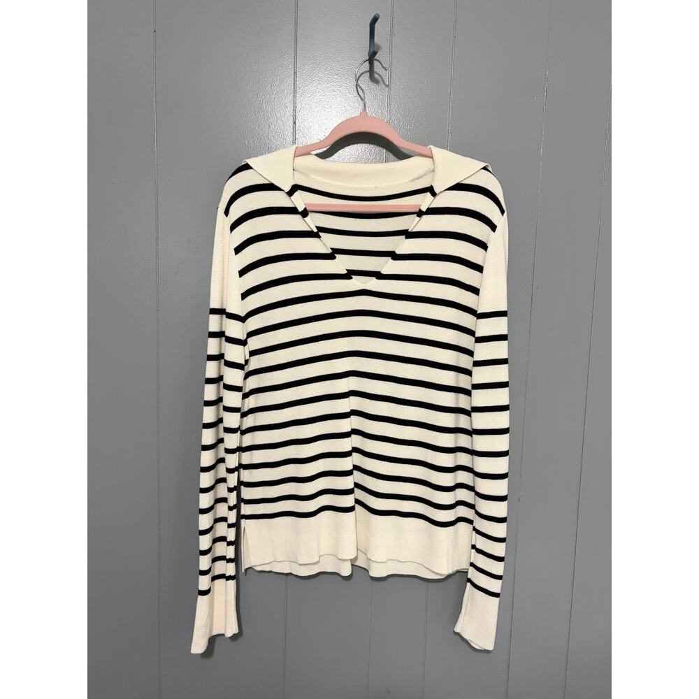 White Black Striped Knit V-neck Sailor Collar Nautical Coastal Granny Sweater S